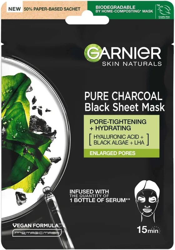 Чорна маска для обличчя Garnier Skin Naturals Pure Charcoal Tissue Mask Очисне Вугілля + Чорні водорості тканинна 28 г