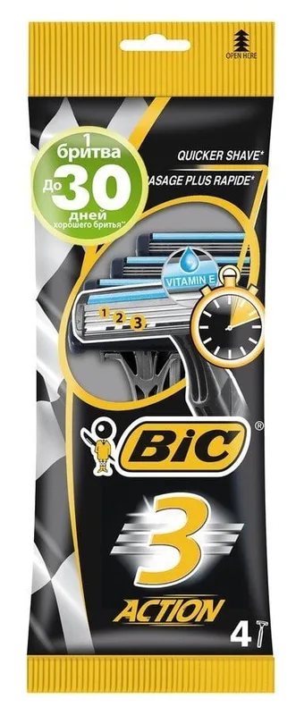 Бритва BIC 3 ЕКШН з трьома фіксованими лезами у м'якій упаковці 4 штуки