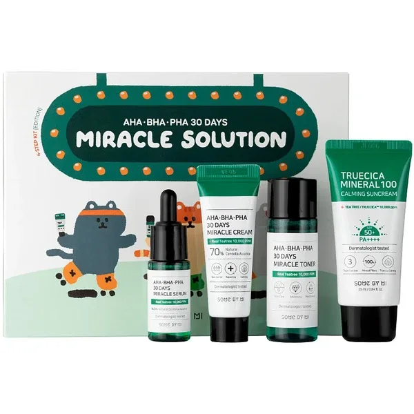 SOME BY MI AHA BHA PHA 30 Days Miracle Solution 4 - Step Kit - Набір мініатюр лінійки з кислотами (тонер, сироватка, крем, сонцезахисний крем)