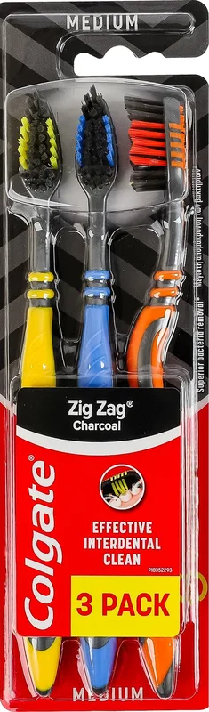 Зубна щітка Сolgate Zig Zag деревне вугілля середньої жорсткості 3 шт.