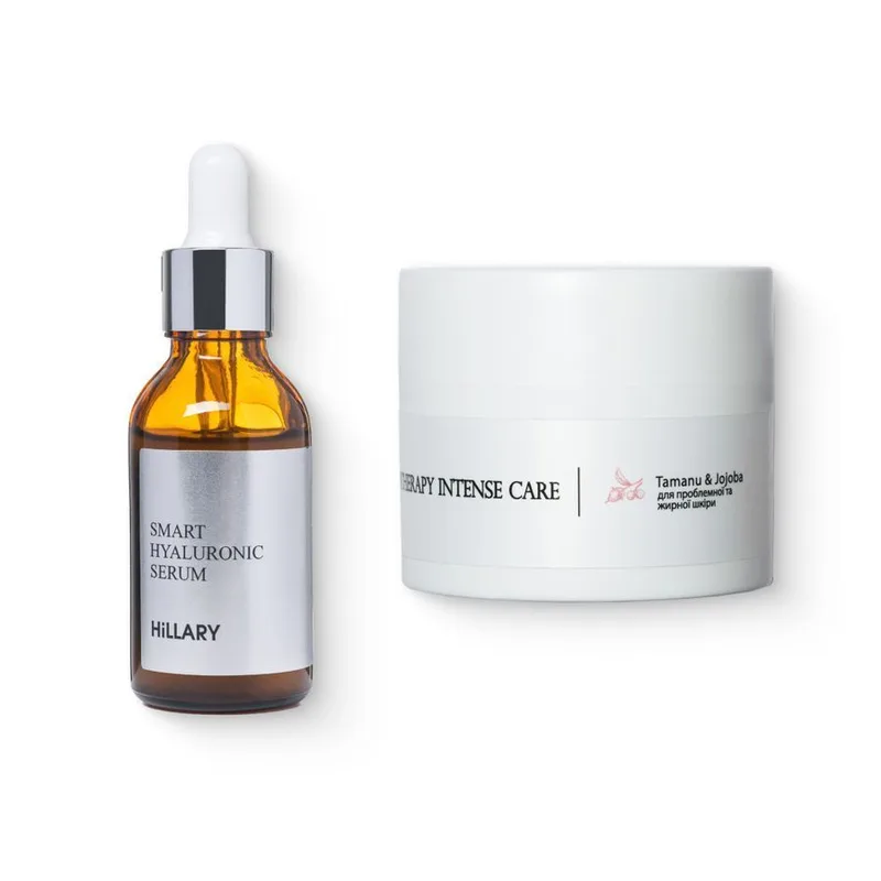 Гіалуронова сироватка Smart Hyaluronic + Крем для жирної та проблемної шкіри Tamanu & Jojoba