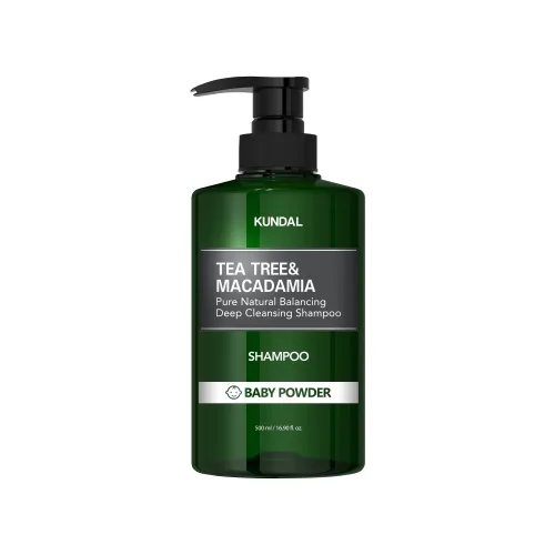 Натуральний шампунь проти лупи з ароматом дитячої присипки 500 мл KUNDAL tea tree & macadamia deep cleansing shampoo baby powder