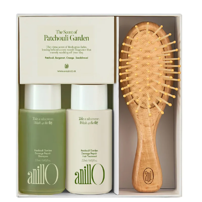 ANILLO Patchouli Garden Damage Repair Hair & Brush Set – Набір для догляду за дуже пошкодженим, ламким і фарбованим волоссям