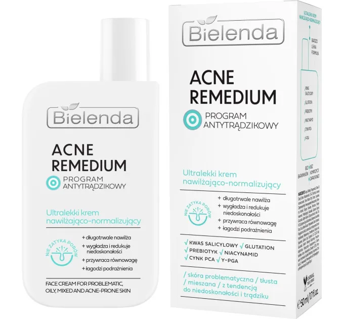 Ультралегкий зволожувальний і нормалізувальний крем для обличчя Bielenda Acne Remedium, 50 мл