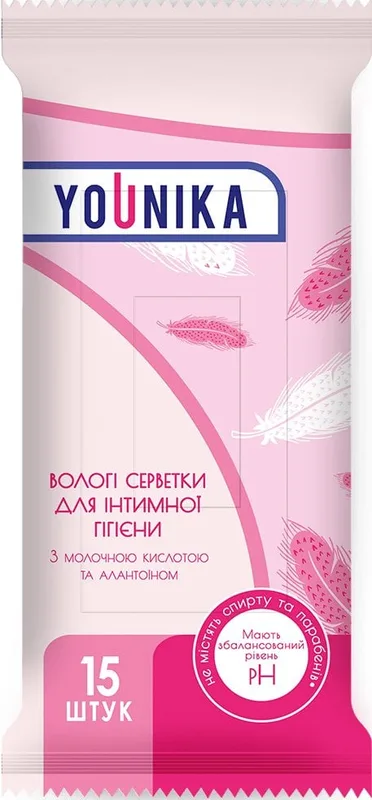 Серветки вологі YOUNIKA для інтимної гігієни з молочною кислотою та алантоїном 15 шт.