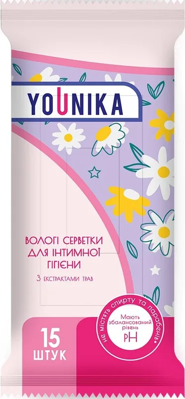Серветки вологі YOUNIKA для інтимної гігієни з екстрактами трав 15 шт.