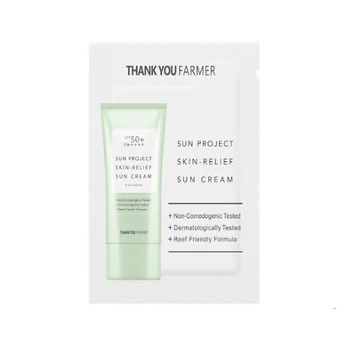 THANK YOU FARMER Sun Project Skin Relief Sun Cream – сонцезахисний крем з центеллою SPF50+ PA++++ ПРОБНИК