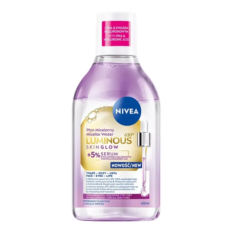 NIVEA Luminous630 Skin Glow міцелярна рідина з 5% сироваткою PHA та гіалуроновою кислотою 400 мл