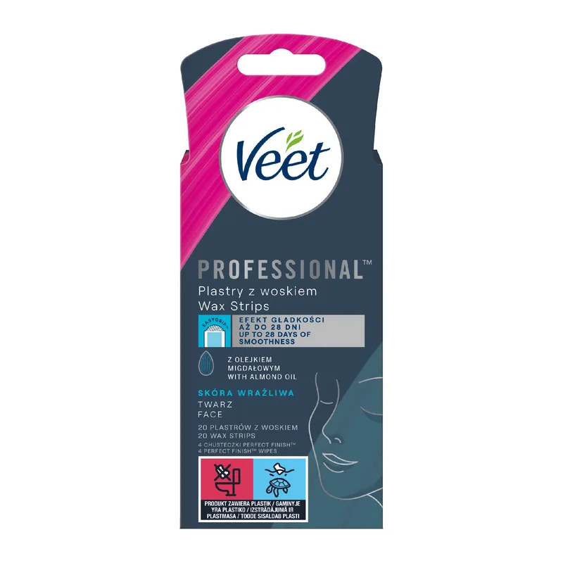 Воскові смужки для депіляції Veet Professional для чутливої шкіри обличчя, з олією мигдалю, 20 шт.