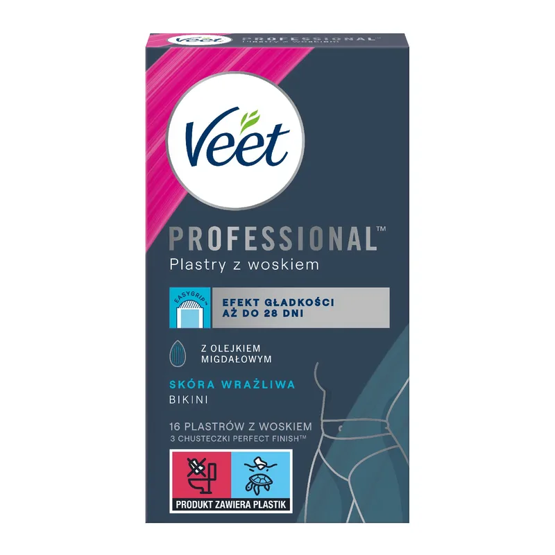 Воскові смужки для депіляції Veet Professional для чутливої шкіри лінії бікіні та області під пахвами, з олією мигдалю, 16 шт.