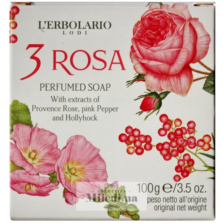 Парфумоване натуральне мило Три Троянди L`Erbolario Sapone 3 Rosa 100 г
