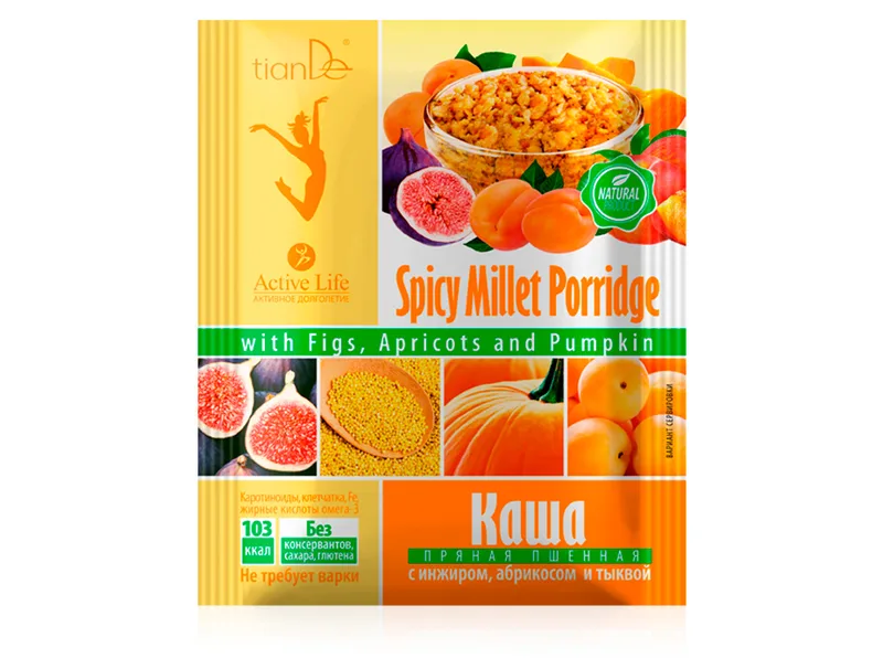 Пряна пшоняна каша з інжиром, абрикосом та гарбузом TianDe Active Life Spicy Millet Porridge With Figs, Apricots And Pumpkin, 35г