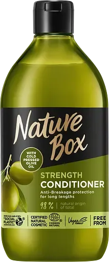 Бальзам Nature Box для зміцнення довгого волосся та протидії ламкості, з оливковою олією холодного віджиму, 385 мл