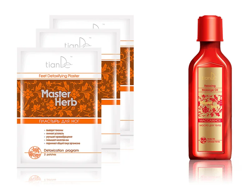 3 детоксикаційні пластирі для ніг для очищення організму TianDe Master Herb - в Подарок массажное масло для тела TianDe Master Herb