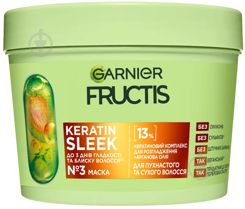 Маска Garnier Fructis для розгладження та надання блиску для пухнастого та сухого волосся Keratin Sleek 370 мл