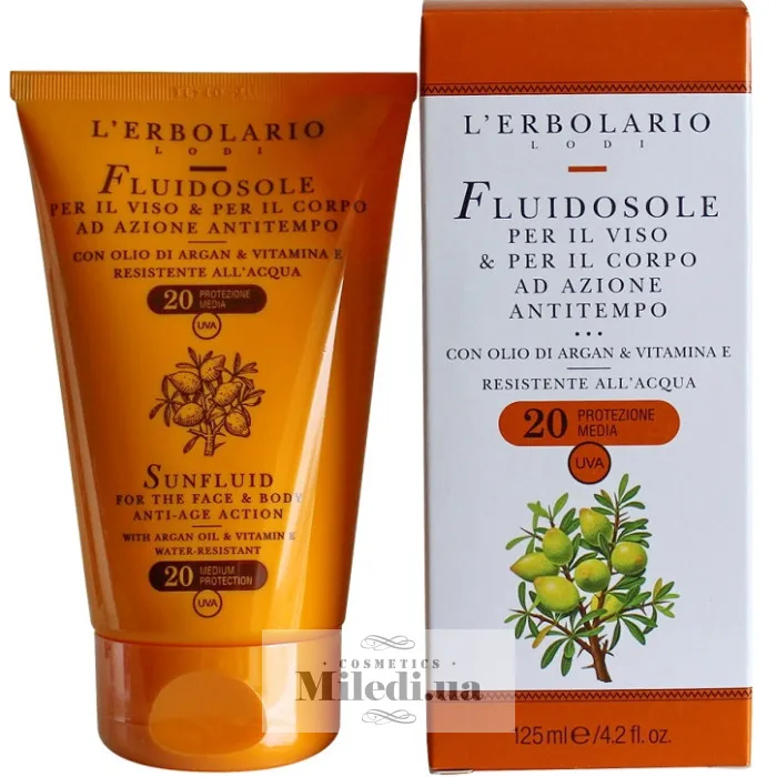 Молочко для засмаги з маслом арганії та вітаміном Е L`Erbolario Fluidosole Per il Viso Corpo SPF20 125 мл