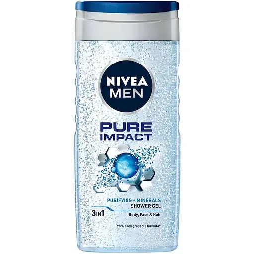 Гель для душу NIVEA MEN Pure Impact 3в1 для тіла обличчя та волосся 250 мл
