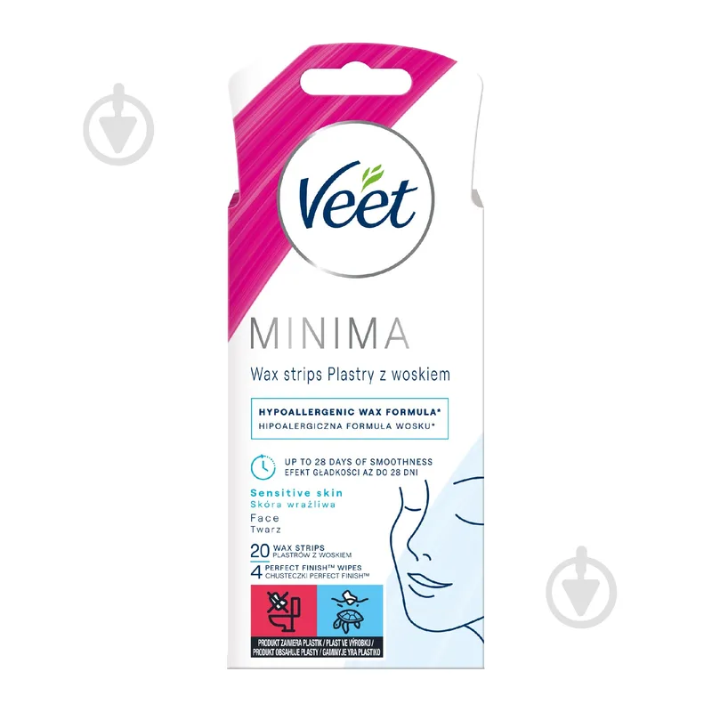 Воскові смужки для депіляції Veet MINIMA для чутливої шкіри обличчя, гіпоалергенні, 20 шт.
