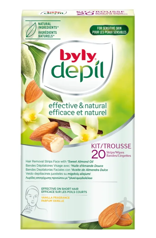 Воскові смужки Byly Waxing Strips для депіляції чутливої шкіри обличчя з мигдалем та ваніллю 20 шт./уп.