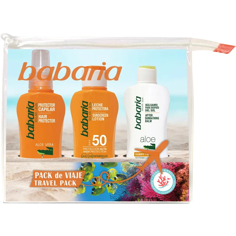 Набір Babaria (Бабарія) Захист від сонця (Молочко сонцезахисне SPF50 100 мл+Лосьйон після засмаги 100 мл+Засіб для захисту волосся 100 мл+косметичка)