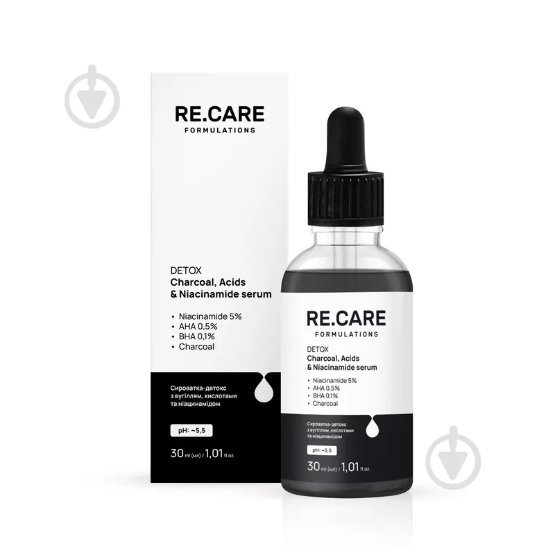 Сироватка для обличчя RE.CARE Detox Charcoal Acids Niacinamide для глибокого очищення 30 мл