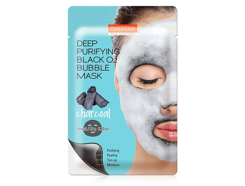 Глибоко очищаюча киснева маска для обличчя з деревним вугіллям Purederm Deep Purifying Black O2 Bubble Mask Charcoal