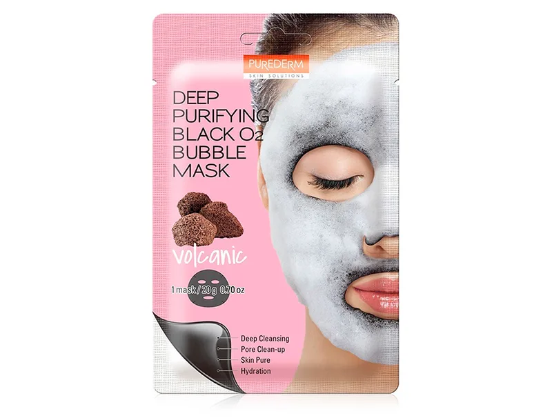 Глибоко очищаюча киснева маска для обличчя з вулканічним попелом Purederm Deep Purifying Black O2 Bubble Mask Volcanic