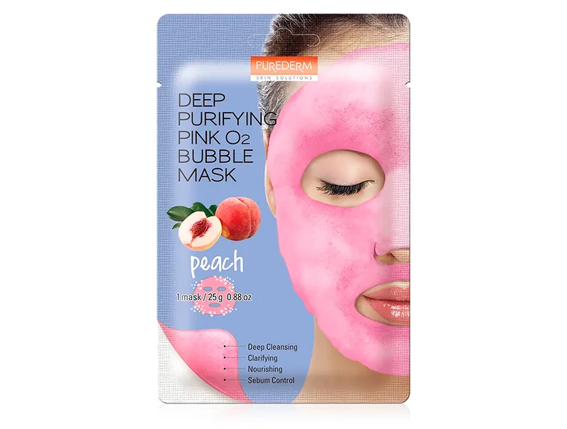 Глибоко очищаюча киснева маска для обличчя з екстрактом персика Purederm Deep Purifying Pink O2 Bubble Mask Peach