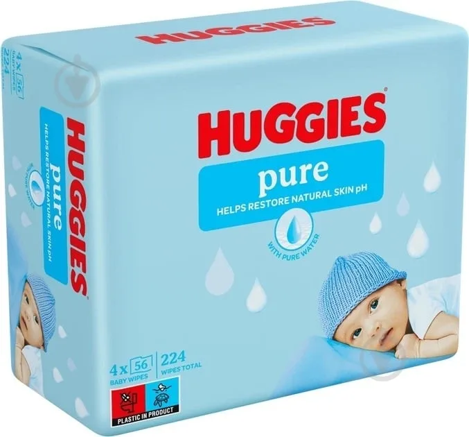 Дитячі вологі серветки Huggies Pure Quad 224 шт.