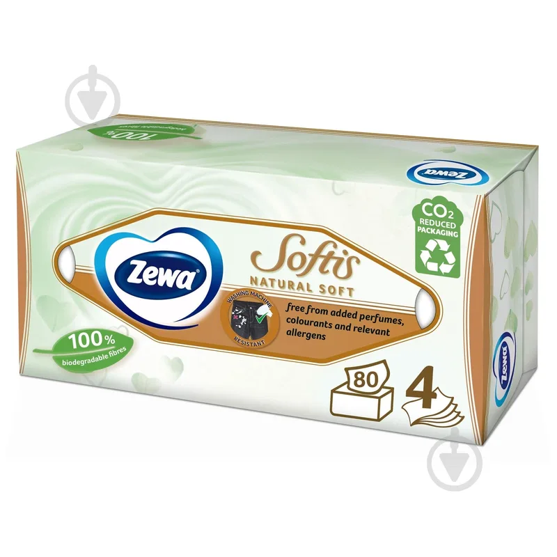 Серветки паперові у коробці Zewa Natural Soft косметичні чотиришарові 80 шт.