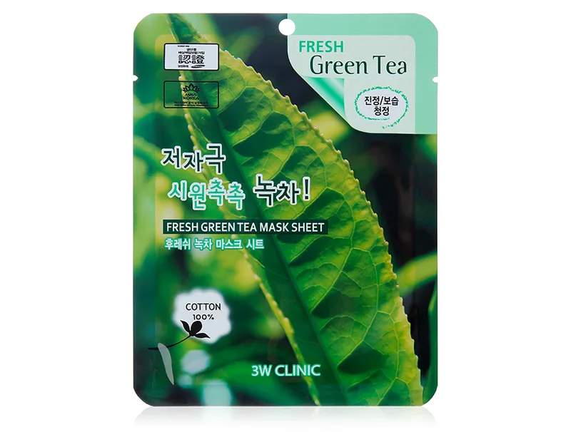 Тканинна маска для обличчя з екстрактом зеленого чаю 3W Clinic Fresh Green Tea Mask Sheet