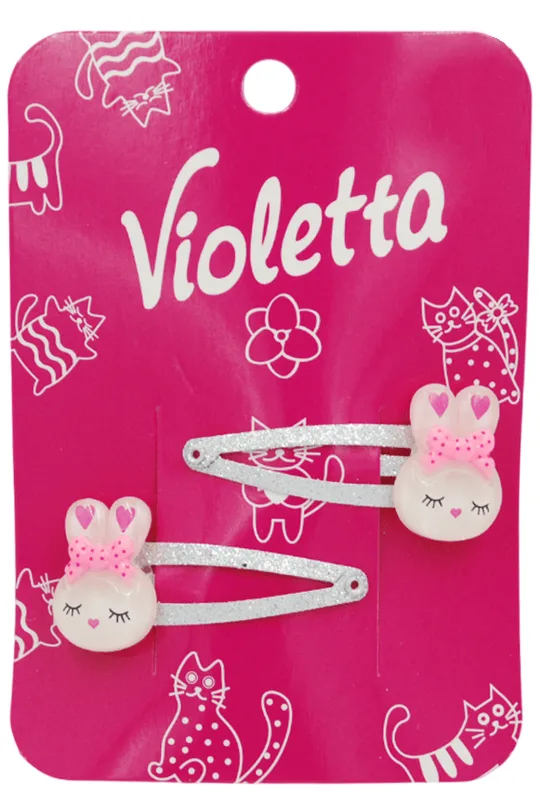 Заколки-хлопавки для волосся Violetta дитячі з фігурками білих зайчиків та блискучою основою 2 шт