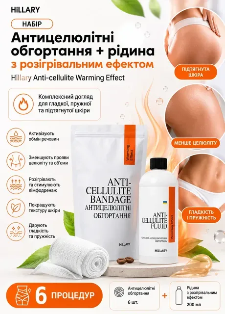 Набір Антицелюлітні обгортання + рідина з розігрівальним ефектом Anti-cellulite Warming Effect (6 процедур) Hillary (253720258)