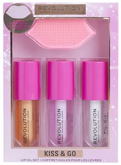 Набір для догляду за губами Revolution Make Up Kiss & Go Масажер для відлущування губ + Медова олія для губ 4.5 мл + Персиково-рожева олія для губ 4.5 мл + Кавунова олія для губ 4.5 мл (5057566769211)