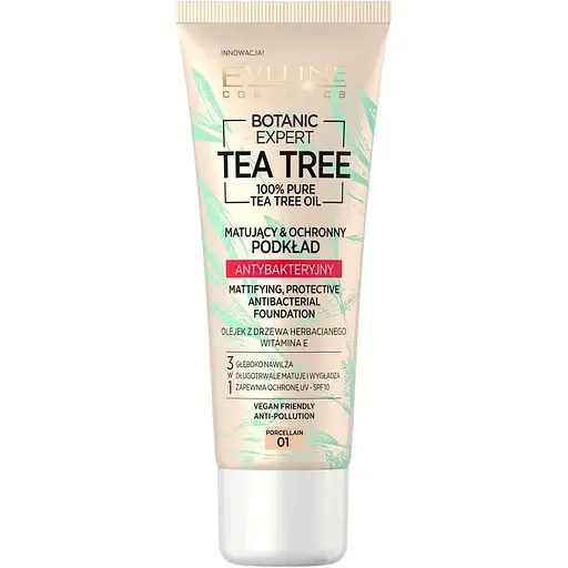 Матуючий антибактеріальний тональний крем Eveline Botanic Expert Tea Tree 3 в 1 SPF 10 відтінок 01 (Porcelain) 30 мл