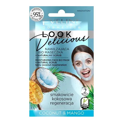 Вio маска Eveline Look Delicious, для обличчя, з натуральним скрабом Сoconut&Мango, зволожуюча,10 мл