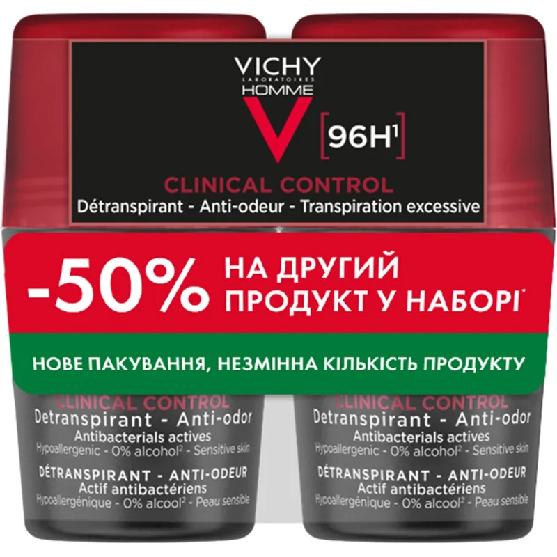 Набір антиперспірантів кулькових Vichy (Віши) Homme 96h Clinical Control для чоловіків проти надмірного потовиділення та запаху, 2х50 мл