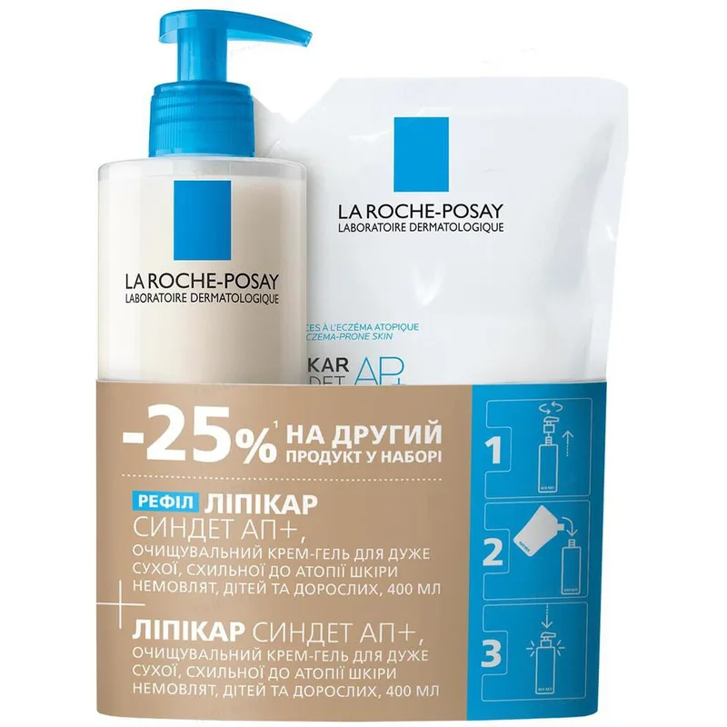Набір La Roche-Posay (Ля Рош-Позе) Lipikar Syndet AP+ (Очищувальний крем-гель для дуже сухої, схильної до атопії шкіри немовлят, дітей та дорослих, 400 мл + рефіл, 400 мл)