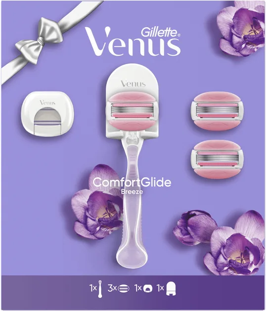 Подарунковий набір для жінок Venus станок для гоління ComfortGlide Breeze з 3 змінними картриджами + дорожній футляр + кріплення