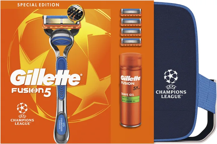 Подарунковий набір для чоловіків Gillette UEFA Champions League Special Edition Станок Fusion5 з 4 змінними картриджами + гель для гоління Fusion для чутливої шкіри 200 мл + косметичка