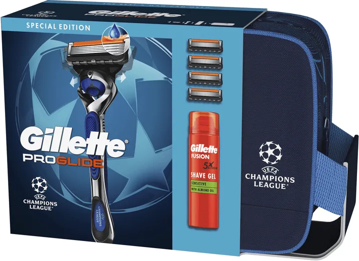 Подарунковий набір для чоловіків Gillette UEFA Champions League Special Edition Станок Fusion5 Proglide Flexball з 4 змінними картриджами + гель для гоління Fusion для чутливої шкіри 200 мл + косметичка