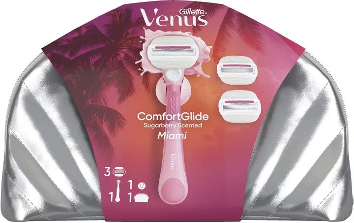 Подарунковий набір для жінок Venus станок для гоління ComfortGlide Sugarberry Miami з 3 змінними картриджами + кріплення + косметичка