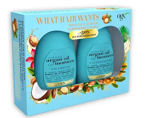 Подарунковий набір OGX Секрет доглянутого волосся: шампунь, Argan oil of Morocco 385 мл + кондиціонер, Argan oil of Morocco 385 мл
