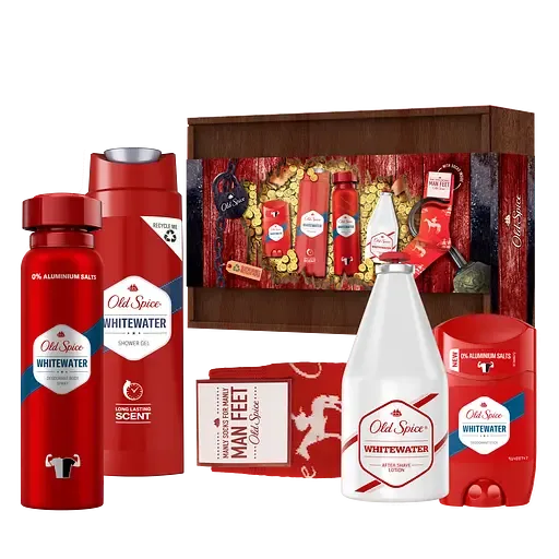 Подарунковий набір для чоловіків Old Spice Whitewater: Твердий дезодорант 50 мл + Аерозольний дезодорант 150 мл + Гель для душа 250 мл + Лосьйон після гоління 100 мл + Шкарпетки