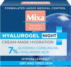 Mixa Hyalurogel Hyalurogel Night Hydrating Cream-Mask Нічний крем-маска для відновлення чутливої ​​шкіри обличчя з гліцерином та гіалуроновою кислотою 50ml (583089-478)