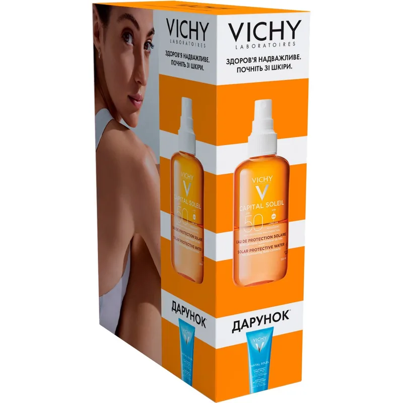 Набір Vichy (Віши) Capital Soleil сонцезахисний двофазний спрей для обличчя та тіла з бета-каротином, що посилює засмагу, SPF50, 200 мл + Капіталь Солей, Молочко після засмаги, 100 мл