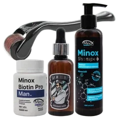 Комплекс для росту волосся та бороди максимальний Minox Extra Strong Big (Шампунь 200 мл, Лосьйон 50 мл, Вітаміни 100 таб, Мезоролер)