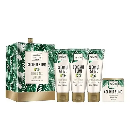 Подарунковий набір Scottish Fine Soaps Coconut&Lime Luxurious Gift Set: Крем для душу, 75 мл + Крем для рук, 75 мл + Масло для тіла, 75 мл + Тверде мило, 40 г (93242)