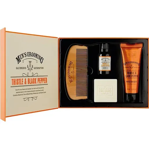 Набір-догляд для бороди Scottish Fine Soaps Men's Grooming Thistle&Black Pepper Body Bar: Мило для обличчя та бороди 40 г + Олія для бороди 10 мл + Зволожувач для бороди 75 мл + Гребінець для бороди (93261)