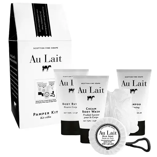 Подарунковий набір Scottish Fine Soaps Au Lait: Крем-гель для душу, 75 мл + Шампунь, 75 мл + Масло для тіла, 75 мл + Мило, 40 г + Губка для ванни (63182)
